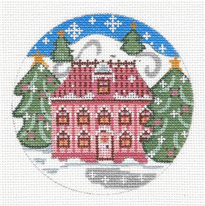 Village Series ~ PINK HOME in Snow handpainted Needlepoint Canvas Ornament by CH Designs from Danji