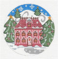 Village Series ~ PINK HOME in Snow handpainted Needlepoint Canvas Ornament by CH Designs from Danji
