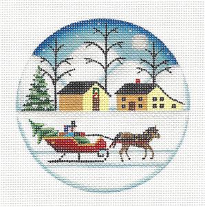 Christmas Round ~ Bringing Home a Christmas Tree 4" Rd. handpainted 18 Mesh Needlepoint Canvas Rebecca Wood