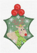 Holly ~ Holly Leaf with Reindeer handpainted 18 Mesh Needlepoint Ornament Canvas by CH Designs from Danji