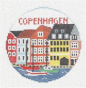 Travel Round ~ COPENHAGEN, DENMARK 18 mesh 4" Rd. Needlepoint Ornament Canvas by Kathy Schenkel