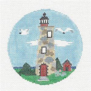 Travel Round ~ Bald Head Lighthouse, NC handpainted Needlepoint Canvas Kathy Schenkel RD**MAY NEED TO BE SPECIAL ORDERED**