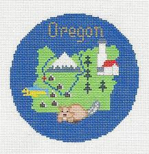 Travel Round ~ 4.25" Oregon handpainted Needlepoint Canvas Ornament ~by Silver Needle