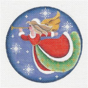 Christmas Round ~ Angel with Trumpet Horn Ornament handpainted Needlepoint Canvas by Rebecca Wood