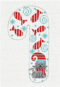 Candy Cane ~ Cat with Fish Medium Candy Cane handpainted Needlepoint Canvas CH Designs - Danji