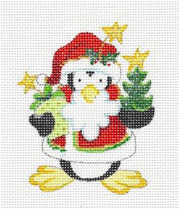 Penguin ~ Penguin with Tree and Gift handpainted Needlepoint Canvas~ by Strictly Christmas