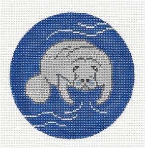 Round ~ Aquatic MANATEE handpainted Needlepoint Canvas Ornament by Christine from Danji