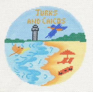 Travel Round ~ Turks & Caicos Islands handpainted 4.25" Needlepoint Canvas Ornament by Silver Needle