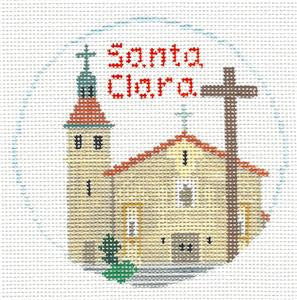 Travel Round ~ Santa Clara, California Mission handpainted 4" Needlepoint Canvas by Kathy Schenkel