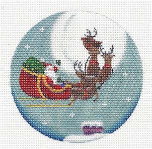 Christmas Round ~ Dash Away Santa & Sleigh Ornament handpainted Needlepoint Canvas by Rebecca Wood