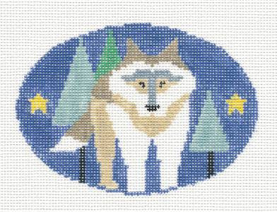 Oval ~ Wolf in Woodland Oval handpainted Needlepoint Ornament by Kathy Schenkel