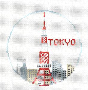 Travel Round ~ TOKYO, JAPAN Tower handpainted Needlepoint Canvas by Kathy Schenkel RD.