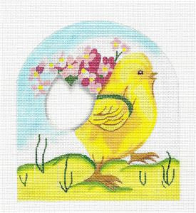 Canvas ~ Chick with Egg Basket of Flowers HP Needlepoint Canvas Raymond Crawford
