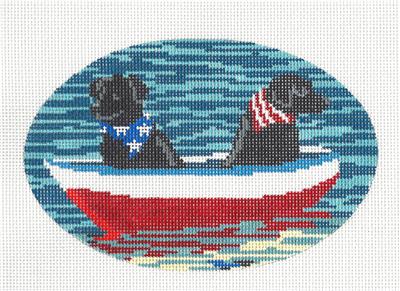 Dog Oval ~ "Stars & Stripes" 2 Black Labrador Dogs in a Row Boat handpainted Needlepoint Canvas by Liora Manne