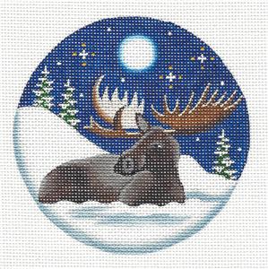 Round ~ Royal Moose in the Moonlight 4" Rd. Ornament handpainted 18 Mesh Needlepoint Canvas by Rebecca Wood