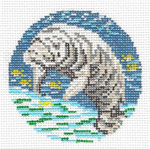 Round ~ Manatee swimming 3" Rd. handpainted Needlepoint Canvas by Needle Crossings
