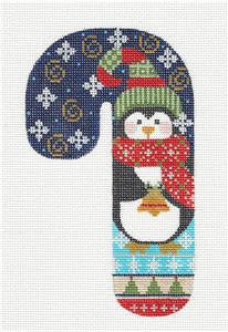 Large Candy Cane ~ PENGUIN in the Snow handpainted Needlepoint Canvas Danji