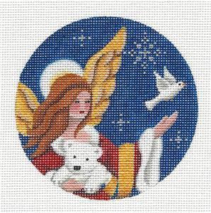 Christmas Round ~ Arctic Angel White Bear & Dove Ornament handpainted Needlepoint Canvas Reb.Wood