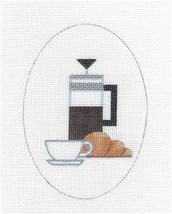 Oval ~ Coffee & a Croissant Oval handpainted Needlepoint Ornament Canvas by Raymond Crawford