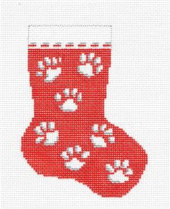 Dog Mini Stocking ~ Paw Prints on Red Mini Stocking handpainted 13 Mesh Needlepoint Canvas Needle Crossings