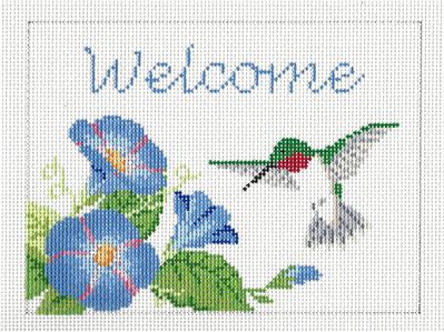 Bird Canvas ~ Hummingbird & Morning Glory WELCOME handpainted Needlepoint Canvas by Susan Roberts