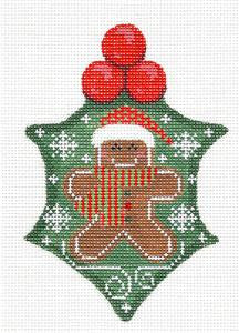 Holly ~ Holly Leaf Gingerbread Man & STITCH GUIDE handpainted 18 Mesh Needlepoint Canvas by CH Designs~ Danji