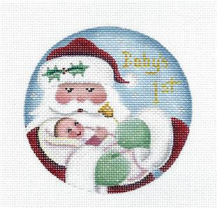 Baby Round ~ Baby Girl's First Christmas with Santa 18 Mesh 4" Needlepoint Ornament Canvas by Rebecca Wood