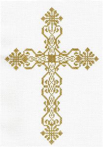 Cross ~ Elegant 7" tall Metallic Gold CROSS handpainted Needlepoint Canvas LEE