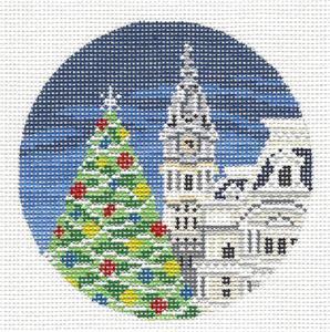 Christmas Travel Round~ Philadelphia, PA City Hall Christmas Tree handpainted 4" Rd. Needlepoint Canvas Needle Crossings