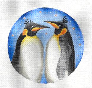 Round ~ 2 Emperor Penguins Family handpainted Needlepoint Canvas by Rebecca Wood~MAY NEED TO BE SPECIAL ORDERED