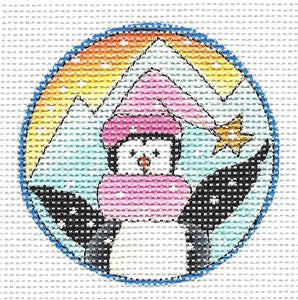 Round ~ Artic Christmas Penguin 2.5" RD. HP Needlepoint Canvas Renaissance Design