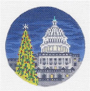 Christmas Travel Round ~ The Capital Tree in Washington, DC handpainted 4" Needlepoint Canvas Needle Crossings