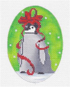 Penguin Oval ~ Baby Penguin Wearing a Red Bow Handpainted Needlepoint Canvas by  Scott Church