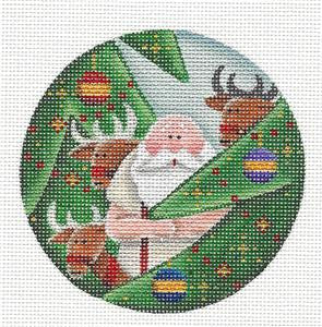 Round ~ Santa Among the Trees handpainted Needlepoint Canvas by Rebecca Wood