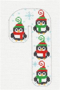 Medium Candy Cane ~ 4 Ski Cap Penguins handpainted Needlepoint Canvas CH Designs Danji