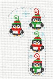 Medium Candy Cane ~ 4 Ski Cap Penguins handpainted Needlepoint Canvas CH Designs Danji