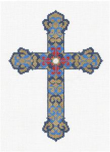 Cross ~ Elegant 7" Tall Blue & Metallic Gold CROSS handpainted 18 Mesh Needlepoint Canvas LEE