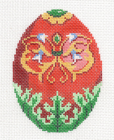 Faberge Egg ~  Jeweled EGG Greens & Red-Orange "Butterfly" handpainted Needlepoint Canvas by LEE