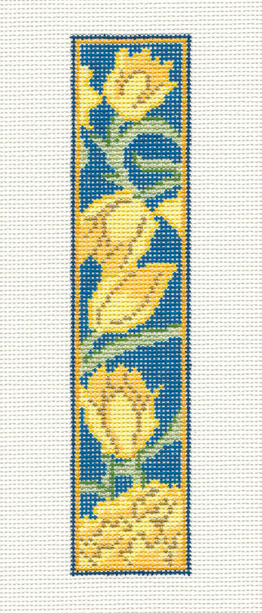 Bookmark ~ Yellow Tulips on Teal Blue 7" Bookmark without Yellow Tassel handpainted Needlepoint Canvas~by Whimsy and Grace