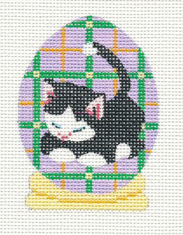 Canvas~Black and White Kitten on Purple Egg Hand Painted Needlepoint Canvas by JulieMar