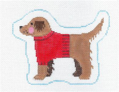Dog ~ Golden Retriever Dog in a Red Sweater handpainted Needlepoint Canvas Ornament by Kathy Schenkel