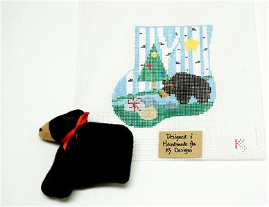 CANVAS SET ~ BLACK BEAR & CANVAS SET ~ handpainted Needlepoint Mini Stocking Ornament & BEAR by Kathy Schenkel