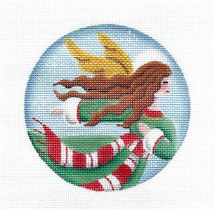 Christmas Round ~ Angel in Green & Red Ornament handpainted Mini Ornament Needlepoint Canvas by Rebecca Wood
