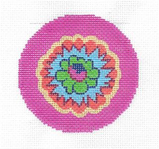 Round~Contemporary Multi-Color Flower handpainted 3" Needlepoint Ornament Canvas LEE