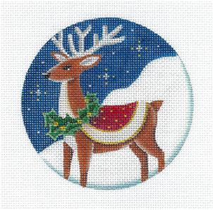 Christmas Round ~ Deer with Wreath 4" Ornament handpainted Needlepoint Canvas by Rebecca Wood
