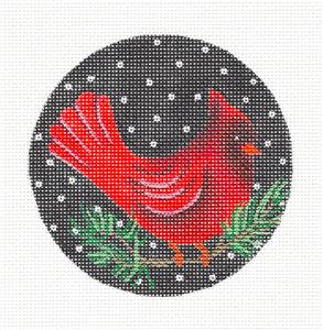 Bird Round ~ Cardinal On A Pine Branch handpainted Needlepoint Canvas Ornament Amanda Lawford