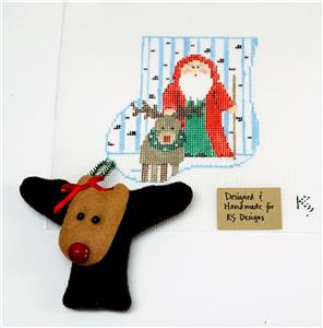 Canvas Set ~ SANTA & RUDOLPH CANVAS SET handpainted Needlepoint Mini Stocking Ornament Kathy Schenkel