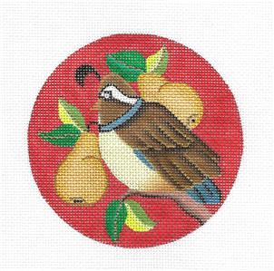 Bird Round ~ Partridge & Pears Ornament handpainted 4.25" Needlepoint Canvas Amanda Lawford