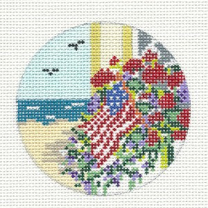 Round ~ Summer Beach Flag & Flowers handpainted 3" Needlepoint Canvas by Needle Crossings