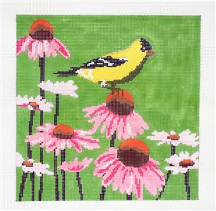 Bird ~ Goldfinch on Pink Cone Flowers handpainted Needlepoint Canvas by Liora Manne from CBK
